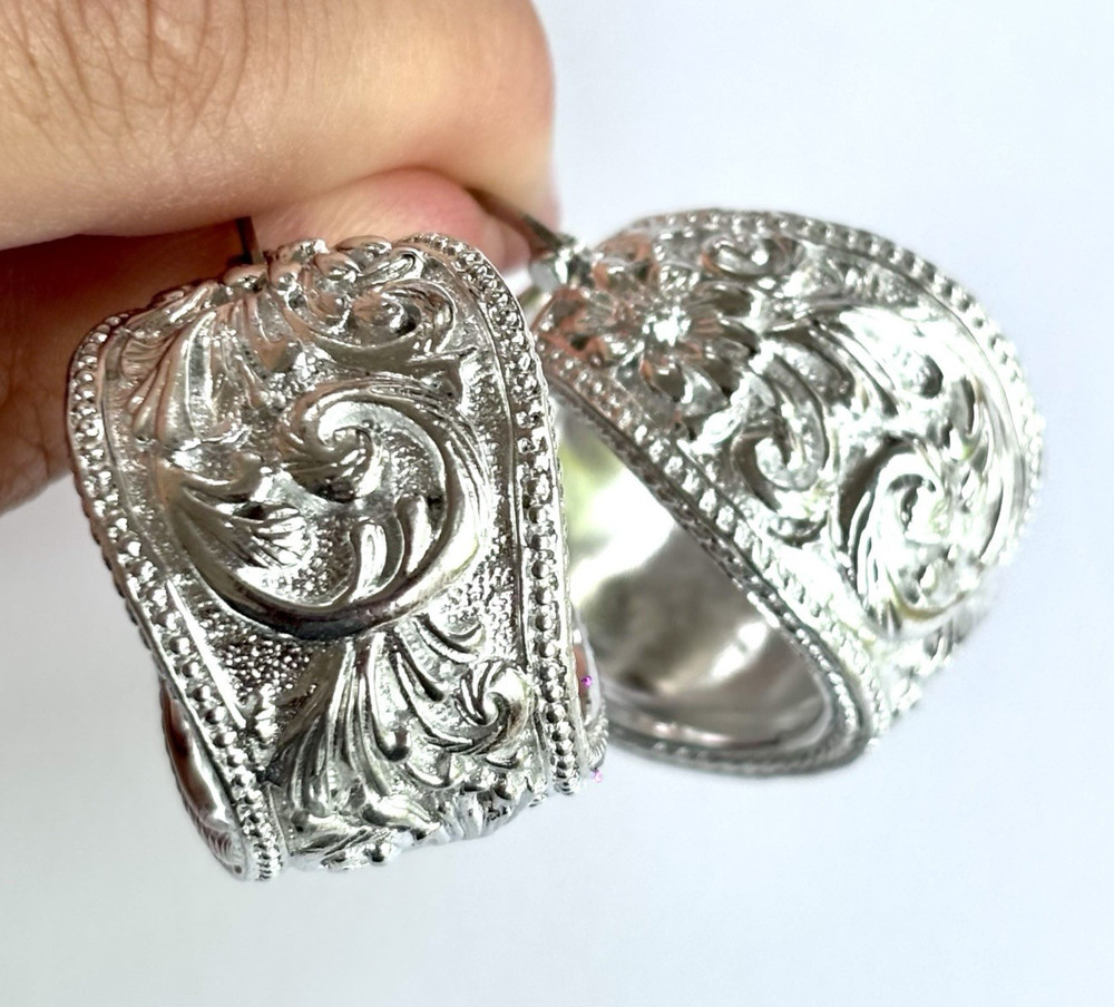 Arthur Court Aluminum Hoop Earrings 1.1 In Scrollwork Wide Discontinued Jewelry