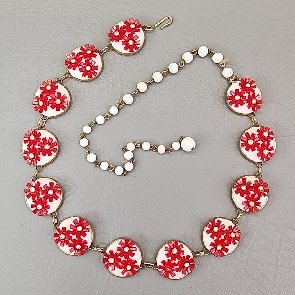 Vintage Floral Necklace Round Link Red Flowers White Discs 22″