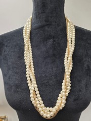 Vintage Multi Strand Faux Pearl Gold Tone Chain Statement Necklace Wedding