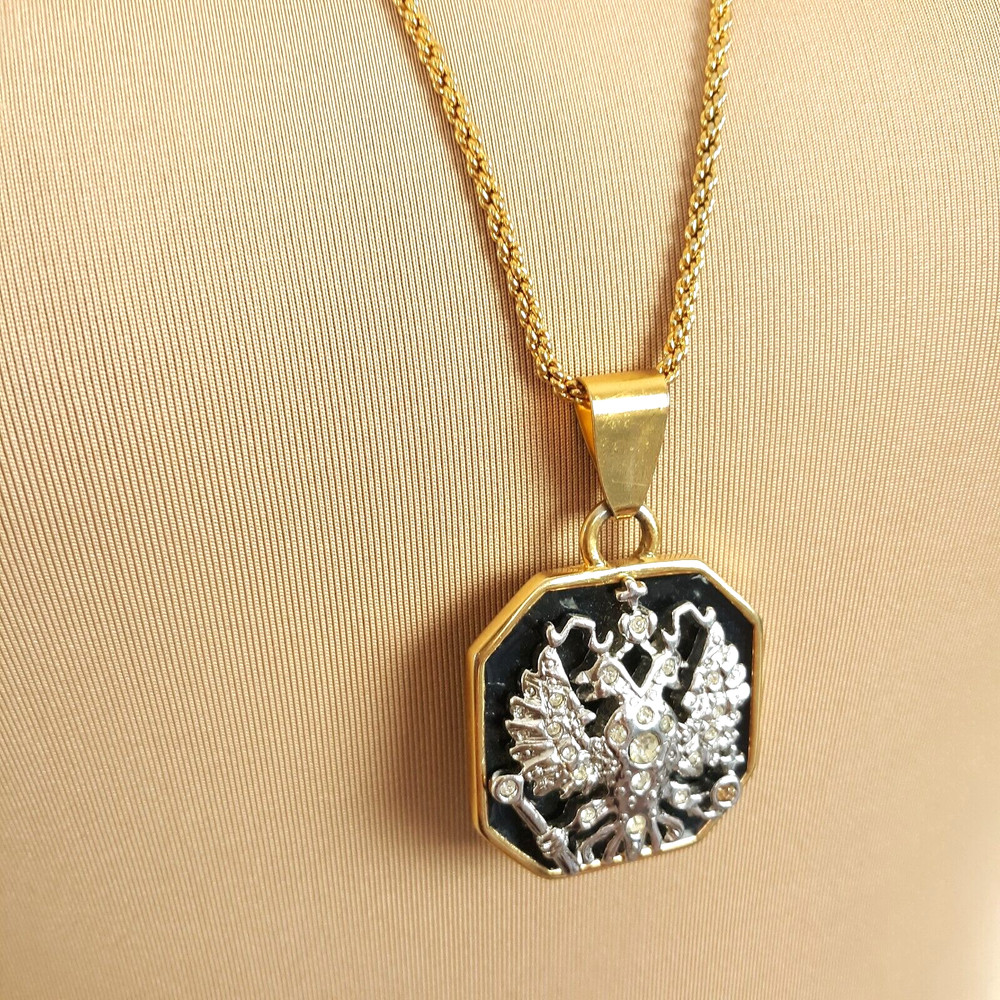 Vintage Joan Rivers Medallion Pendant Necklace Imperial Russian Eagle Signed
