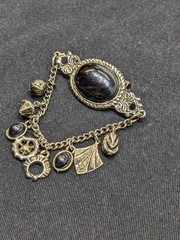 Vtg Victorian Revival Dangle Charm Brooch Black Cabochon Bronze Tone Emo Gothic