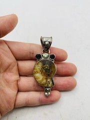 Vintage Sterling Silver 925 Peridot Smoky Topaz Gemstone Ammonite Fossil Pendant