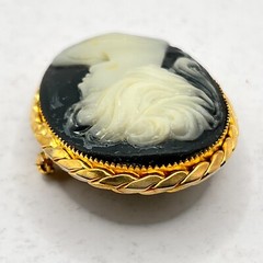 Gold Tone Cameo Brooch Oval Blue background – 1 5/8″ x 1 3/8″