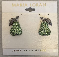 vintage Maria Loran Green Rhinestone Pear Fruit Earrings Jewelry in Glass Card