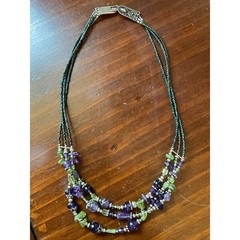 Vintage Sterling Silver Amethyst Peridot Triple Strand Beaded Necklace 17.75”