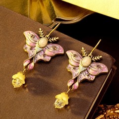 Vintage European Butterfly Enamel Drop Earrings Gold Crystal Victorian Jewelry