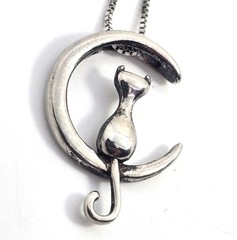 Crescent moon sitting kitty cat celestial sterling silver retro necklace
