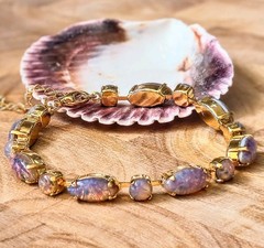 Pink Fire Opal Czech Glass In Classic Statement Tennis Gold Plated Bracelet
