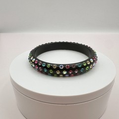 Vintage 80s Black Bangle Bracelet Multicolor Glass Inset Classic Fashion Jewelry