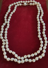 Vintg Long Cultured Freshwater Pearl Necklace Hand Knotted 41” PAT Button Clasp