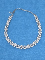 Rhodium Plated Clear Crystal Choker Necklace 15.5 Inches Vintage Leaves Unsigned