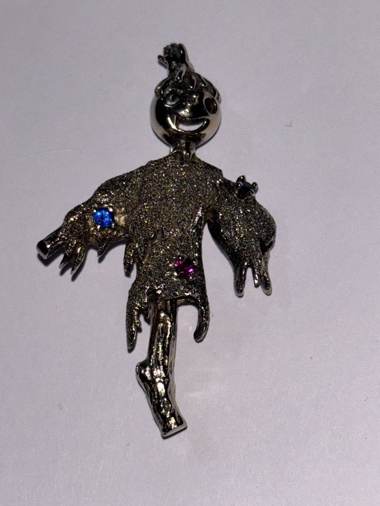 RARE Vintage Les Bernard Scarecrow Brooch .925 Sterling Silver w/ Gemstones