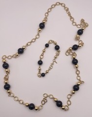 Monet Vintage Gold Tone Black Beaded Long Necklace with Matching Bracelet