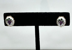 Vintage Purple Grapes Pierced Earrings Hand Painted Enamel Oval Goldtone Dainty