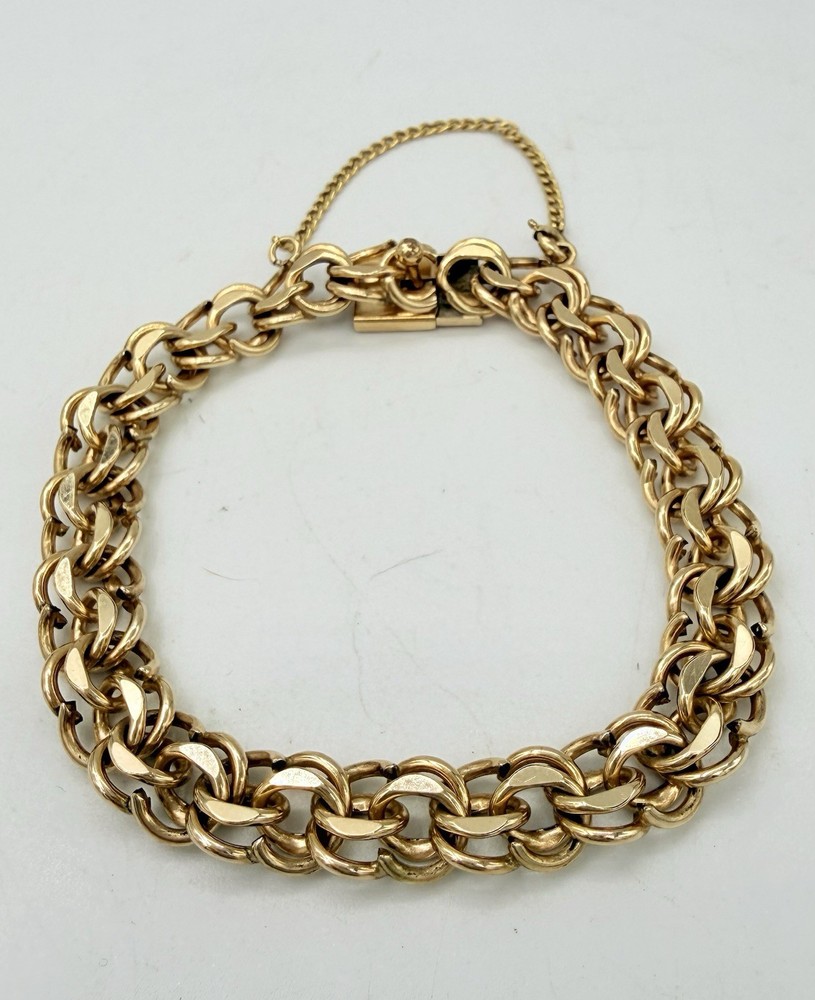 12K Gold Filled Vintage Double Link Charm Bracelet With Safety Chain 7.5in.
