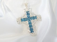 Large Sterling Silver 925 Heated London Blue Topaz Cross Pendant Necklace