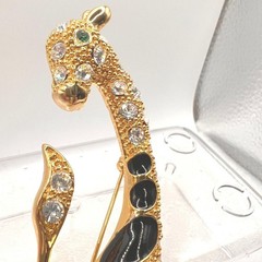 Vtg Giraffe Brooch 6″ Rhinestones Gold Tone Black Enamel Africa Figural Safari