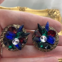 Vtg Colorful Rhinestone Cluster Clip On Earrings Plastic Lightweight Bold 80s