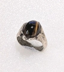 Vintage Cast Sterling Silver Genuine Tiger’s Eye Cabochon Size 3.25 Pinky Ring