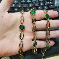 Beaded Station Necklace Green Gold Tone 28″