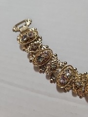 VTG Rhinestone Book Chain bracelet Wide Victorian 50’s Goldtone Fold Over 7”
