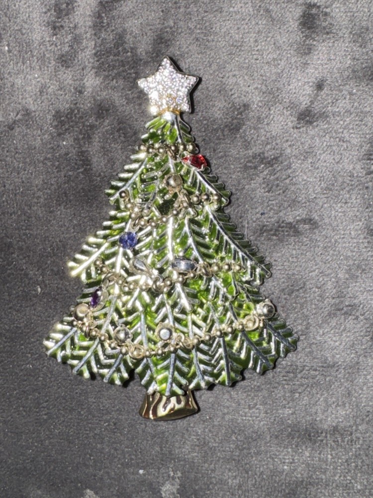 Avon Christmas Tree Dangling Rhinestone Ornaments 2008 5th Annual Brooch Pin 3″