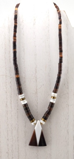 Tiger Eye Heishi Bead Necklace with Inlaid MOP Pendant 16”