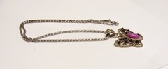 Vtg Butterfly Purple Howlite,Red Ab Crystals ,Plated Silver Tone Metal Necklace