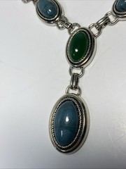 Vintage Silvertone Faux Jade Lariat Necklace + Bracelet + Earrings Set