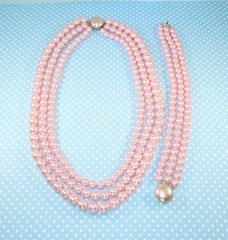 Vintage Pink Faux Pearl 3-Strand Necklace & Bracelet Set 1950s 1960s