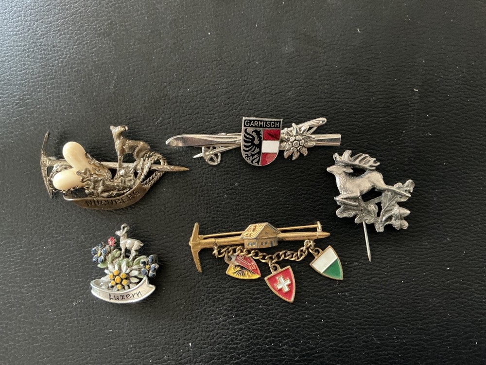5 VINTAGE BAVARIAN SWISS GERMAN SKI MOUNTAIN HUNT PIN BROOCH LOT
