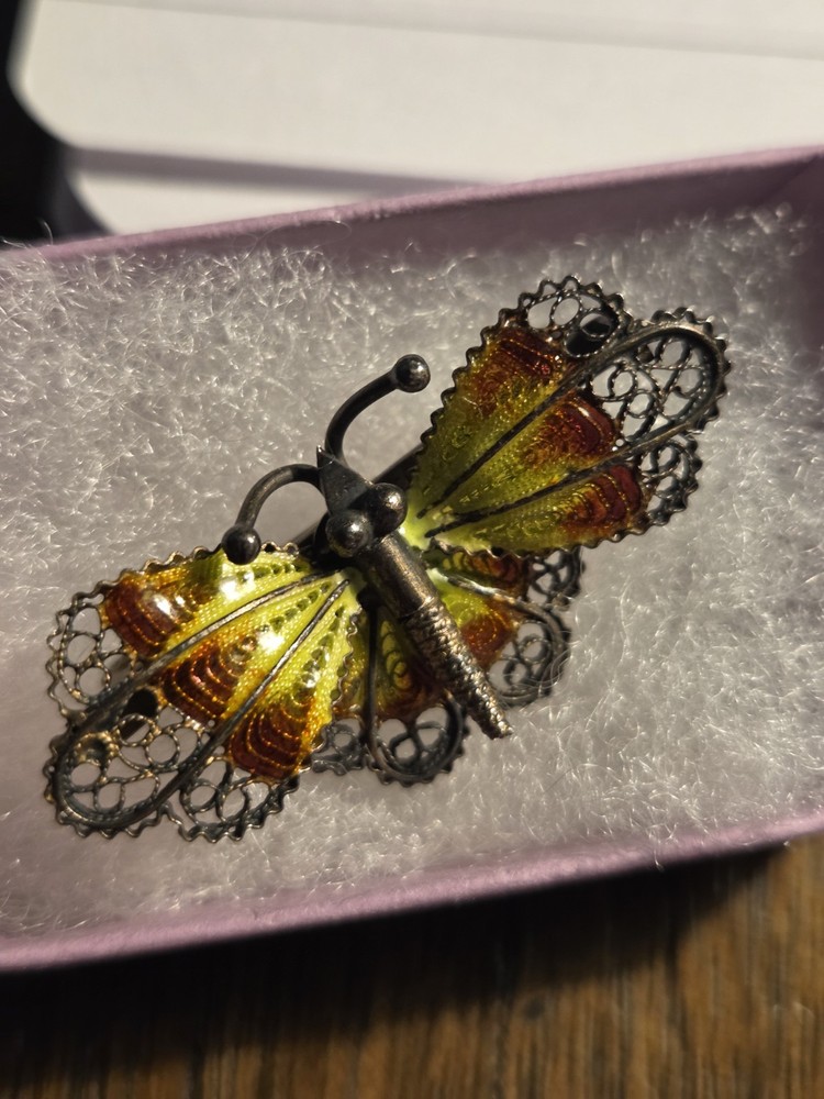 Antique silver2 enamel butterfly brooch pin hallmarked 800