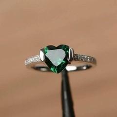 Heart Cut Green Emerald & Lab Created Diamond Prong Engagement 925 Silver Ring