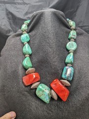 Large Vintage Sterling Silver Chunky Natural Turquoise & Coral 26in Necklace