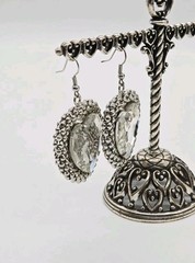 Heart Crystal Earring Silver Tone Pierced Dangle Couture Rhinestone 3D 2.5 in