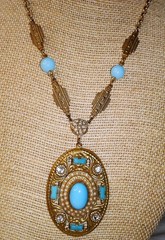 Vintage Czech Turquoise Glass Pendant Necklace Rhinestones