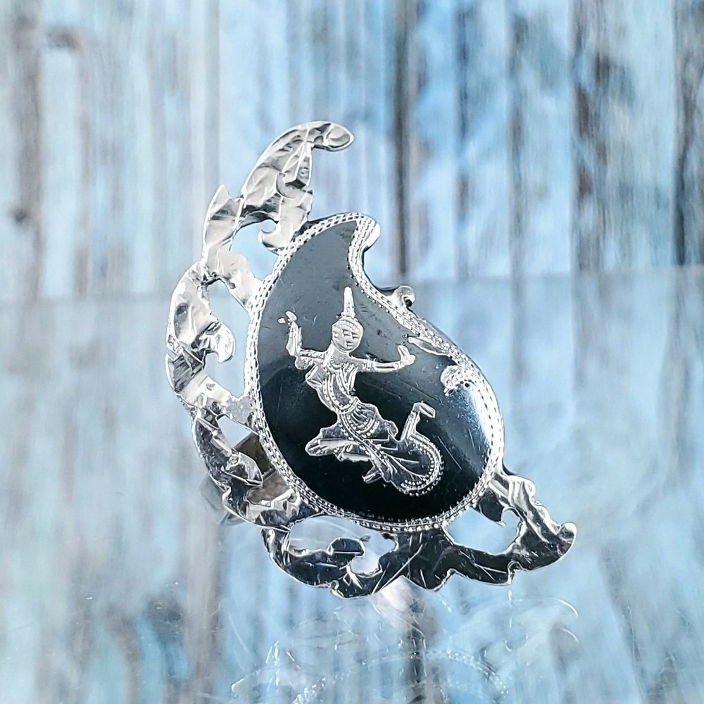 Vintage Thai Nielloware Siam Sterling Silver Goddess Ring, Size 7