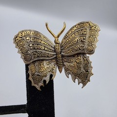 Damascene Butterfly Brooch Pin Spain Gold & Silver Tone Black Enamel 1.75″ READ