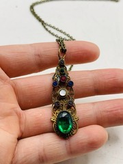 Vintage Gothic Green Colorful Rhinestone Filigree Cutout Bronze Tone Necklace