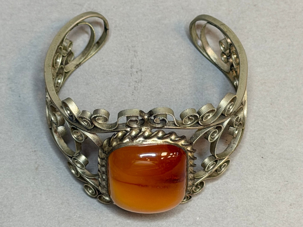 Vintage Baltic Amber Filigree Cuff Bracelet Soviet Era Sterling Silver Plated