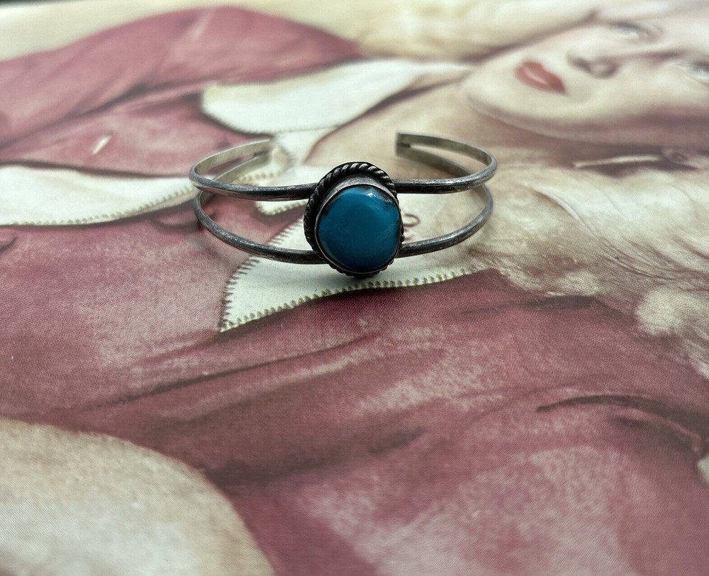 Vintage Turquoise Silver Bangle Cuff Bracelet Adjustable One Size Fits All