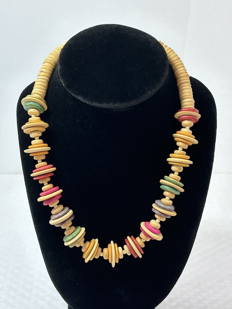 Boho Chic Fashion Wood Rainbow Disc 18” Necklace Vintage Estate Chunky Funky WOW