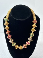 Boho Chic Fashion Wood Rainbow Disc 18” Necklace Vintage Estate Chunky Funky WOW