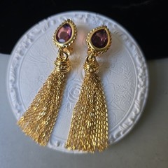 Vintage High End Gold Tone Amethyst Glass Bezel Accents Tassels Earrings Clip on