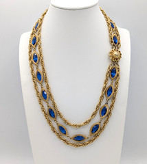 Vintage Multistrand Rope Chain Necklace Cobalt Blue Glass Gold Tone Statement