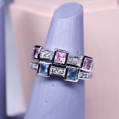 1990’s 18K White Gold-Plated Pink and Blue square stone 2 ring stack