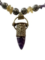 Crystal Necklace Amethyst Amber Color Unk Origin Huge Swing Pendant Handcrafted