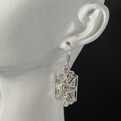 Art Deco Revival Rhinestone Earrings Dangle Leverback Silver Tone Crystal