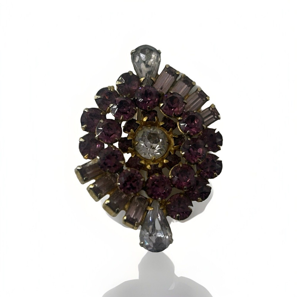 Vintage Brooch Oval Gold Tone Metal Purple Clear Crystals or Cut Glass