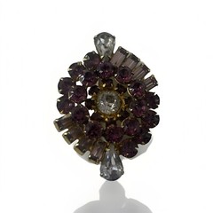 Vintage Brooch Oval Gold Tone Metal Purple Clear Crystals or Cut Glass